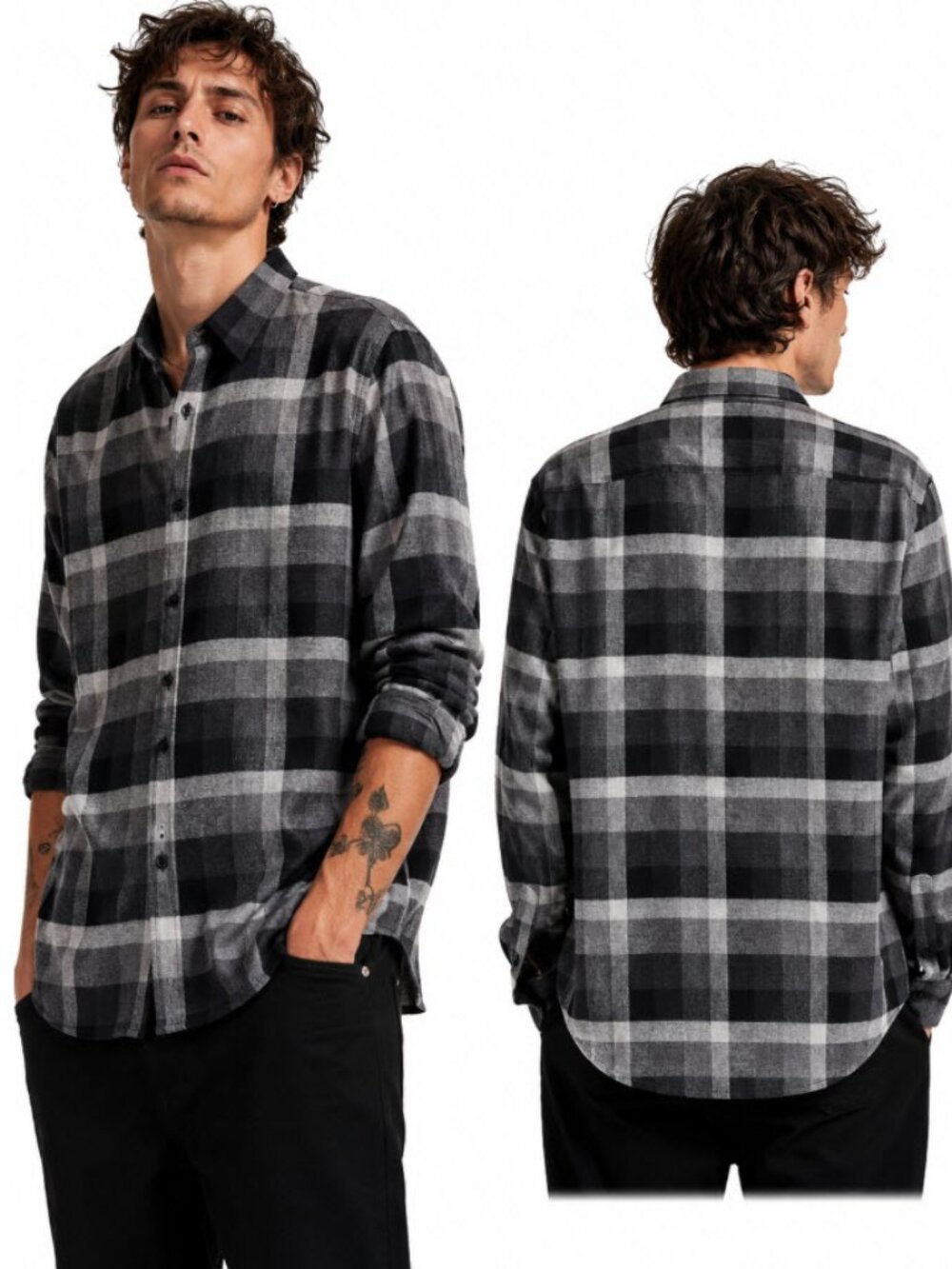 Theory Wool Blend Plaid Button-Down Shirt XXL Black Grey Oversized